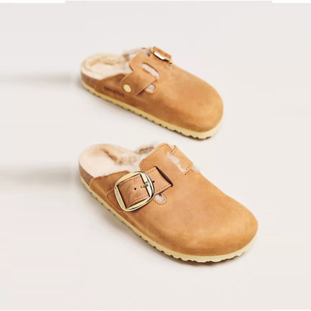 Sz 37 Birkenstock Boston Big Buckle Shearling Clogs, Tobacco Brown Oiled Leather